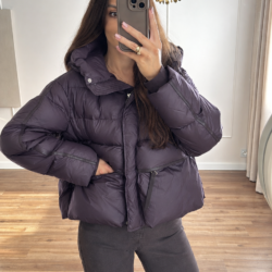 Krótka puchowa śliwkowa kurtka oversize puch naturalny duże kieszenie S M L