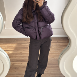 Krótka puchowa śliwkowa kurtka oversize puch naturalny duże kieszenie S M L