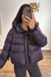 Krótka puchowa śliwkowa kurtka oversize puch naturalny duże kieszenie S M L