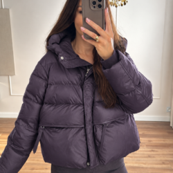 Krótka puchowa śliwkowa kurtka oversize puch naturalny duże kieszenie S M L