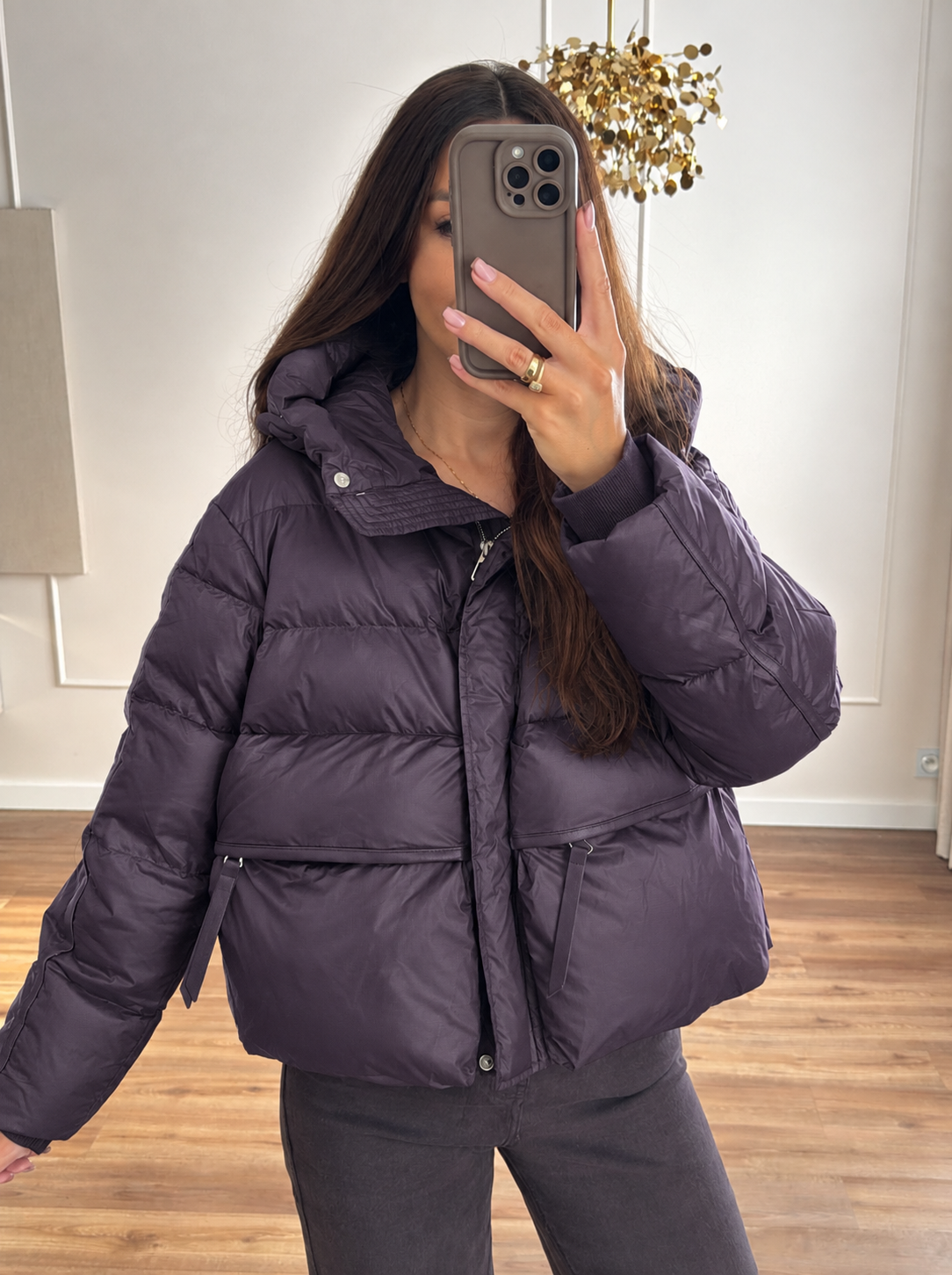 Krótka puchowa śliwkowa kurtka oversize puch naturalny duże kieszenie S M L