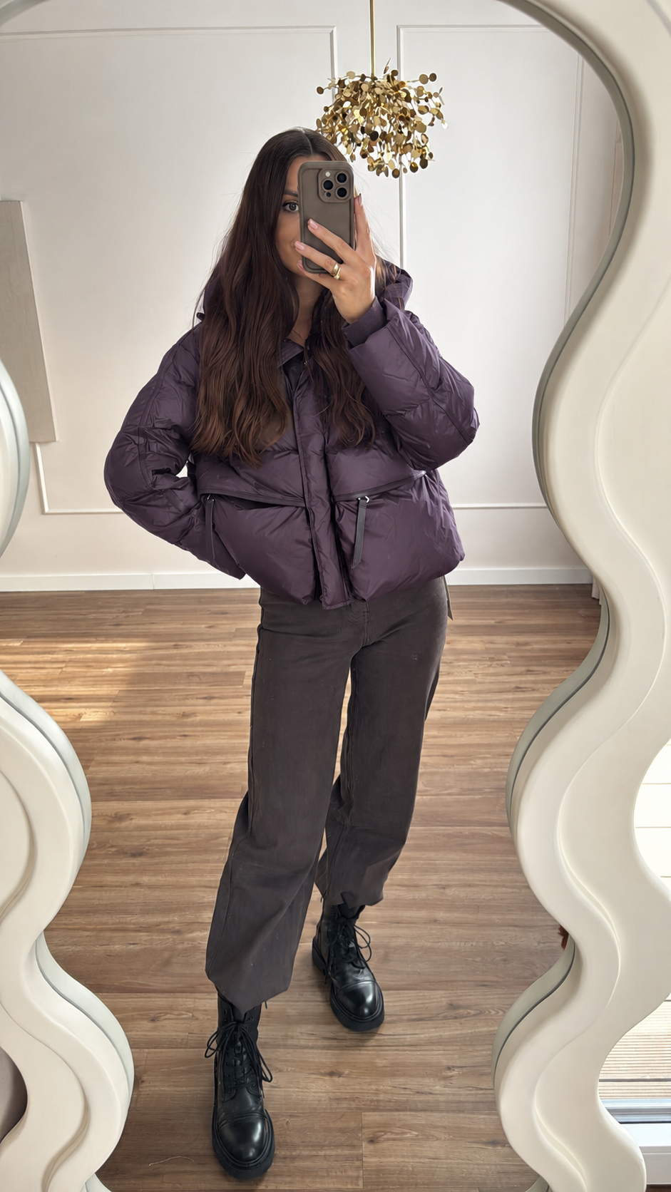 Krótka puchowa śliwkowa kurtka oversize puch naturalny duże kieszenie S M L